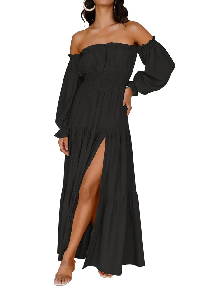 Lune & Lace Off-Shoulder Smocked Maxi Dress