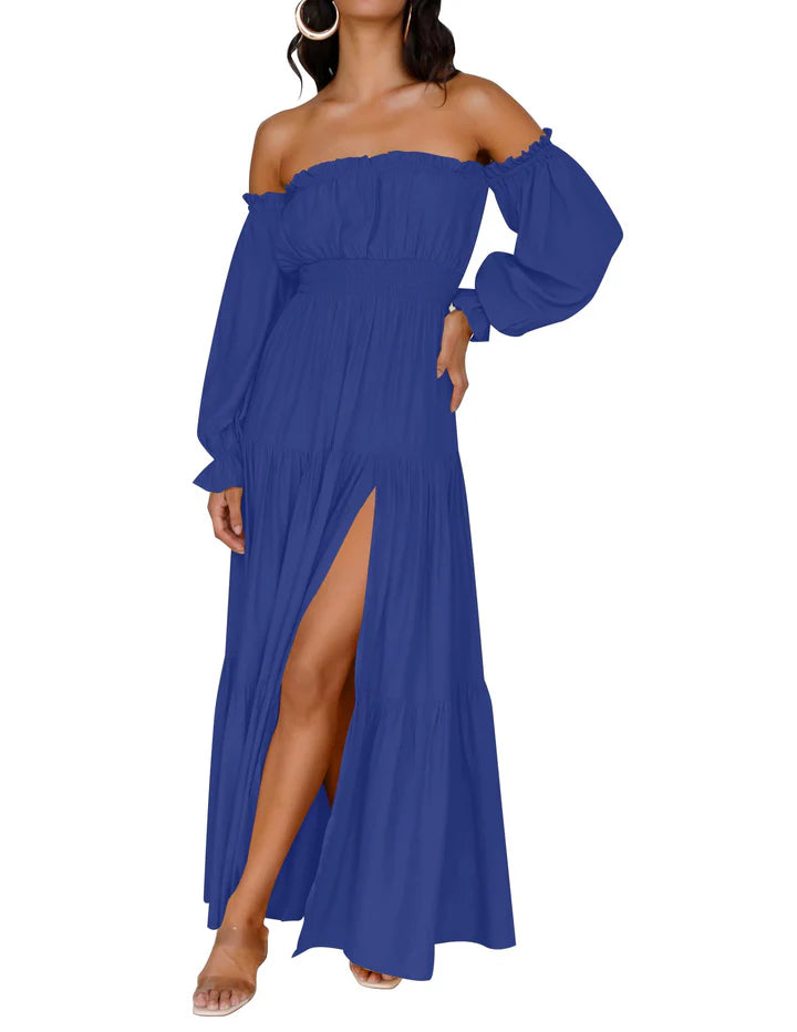 Lune & Lace Off-Shoulder Smocked Maxi Dress