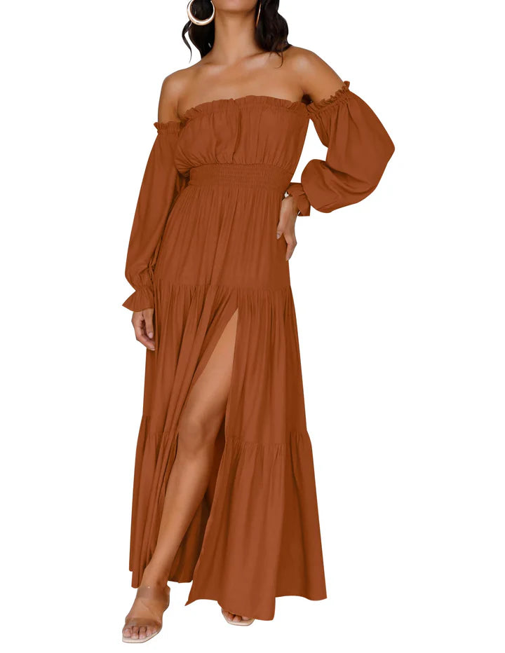 Lune & Lace Off-Shoulder Smocked Maxi Dress